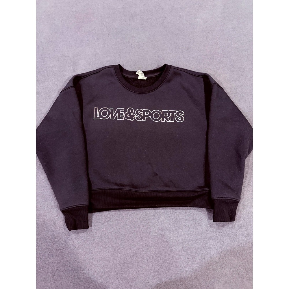 Love & Sport Cropped Sweatshirt Girls M (8-10) Black Fleece Lined Spellout Logoā
